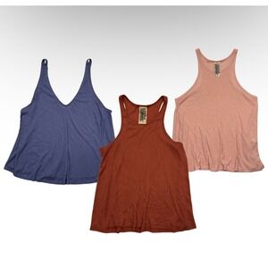 Lot of 3 Free People Tank Tops Ribbed Knit Sleeveless USA Blue Orange Pink Large